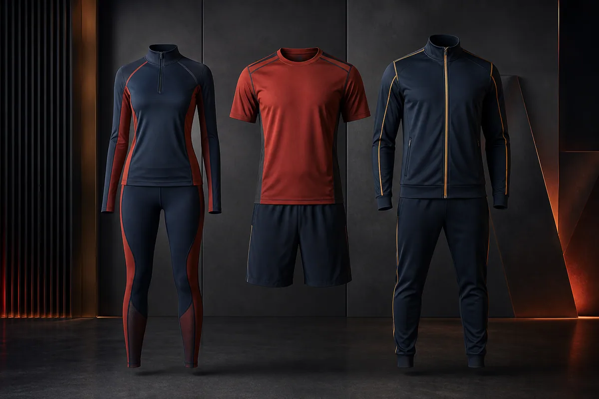 Three coordinated blank technical activewear sets in a product showroom