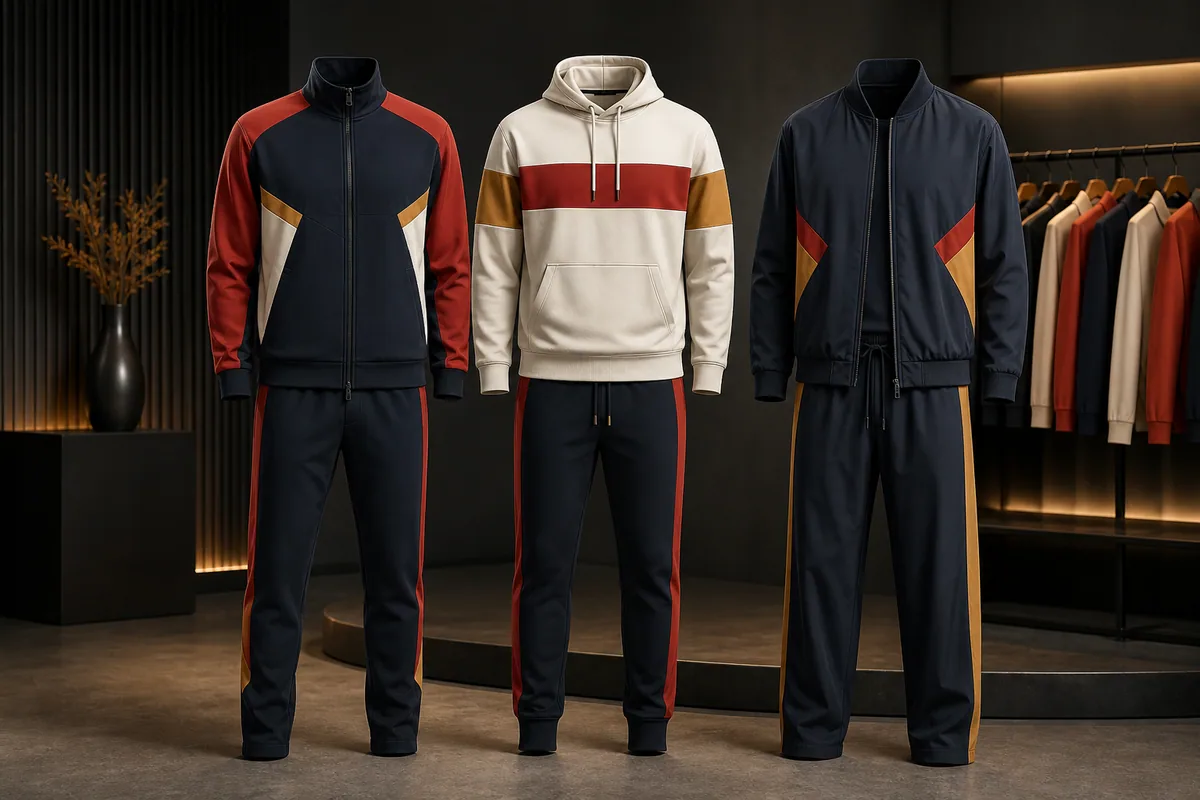 Three coordinated blank tracksuit, hoodie and lifestyle apparel sets